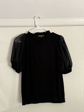 Adrianna Papell Black Puff Sleeve Dot Mesh Top